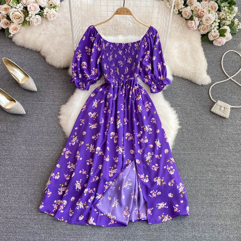 Bubble Short Sleeve Waist Wrapped Slim Split Dress