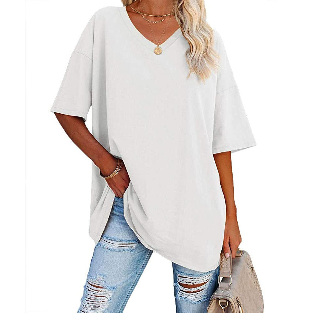 European And American Women's Loose Short-sleeved V-neck T-shirt
