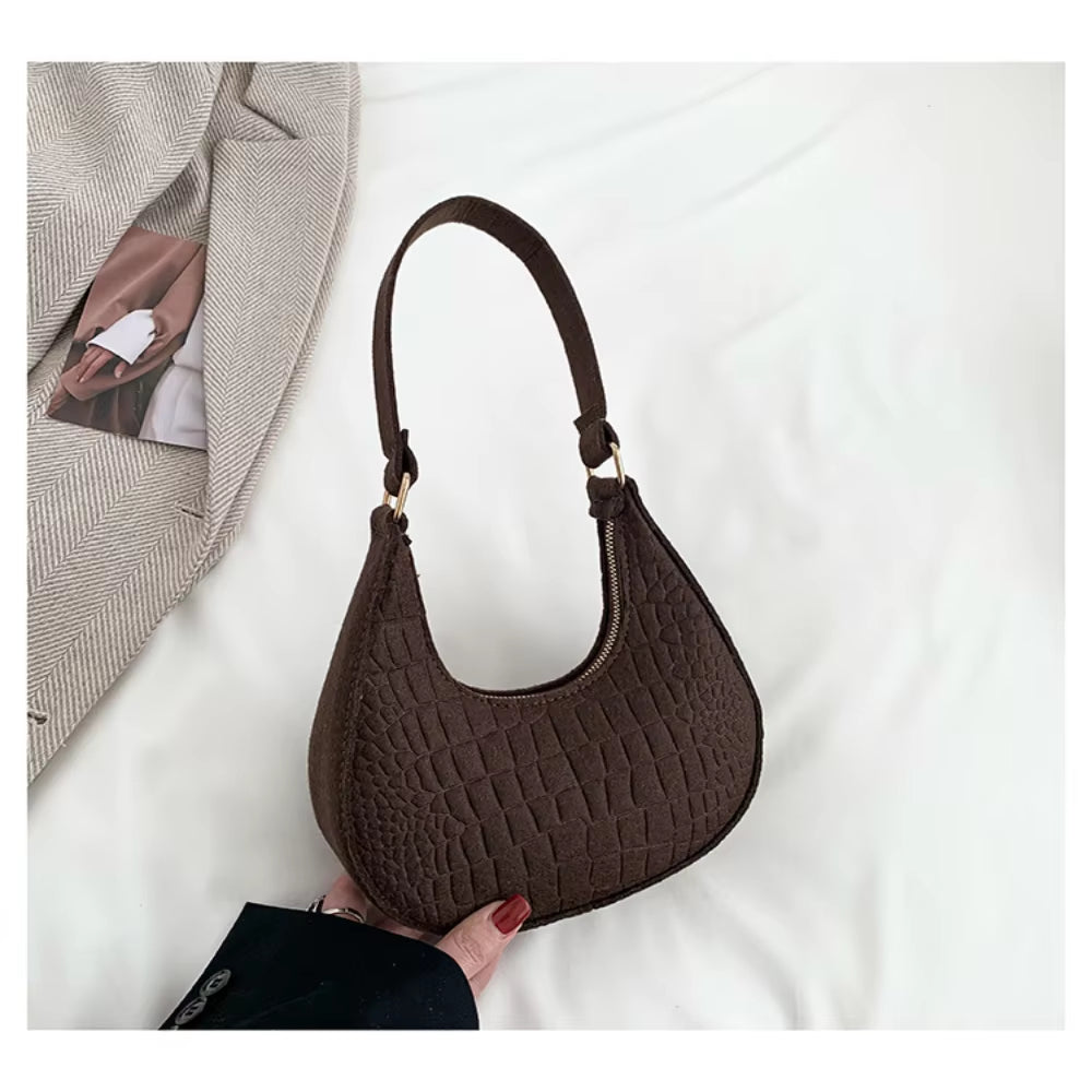 Women’s Retro Felt Underarm Bag - Solid Color Shoulder Bag, Casual Dumpling Crossbody Purse