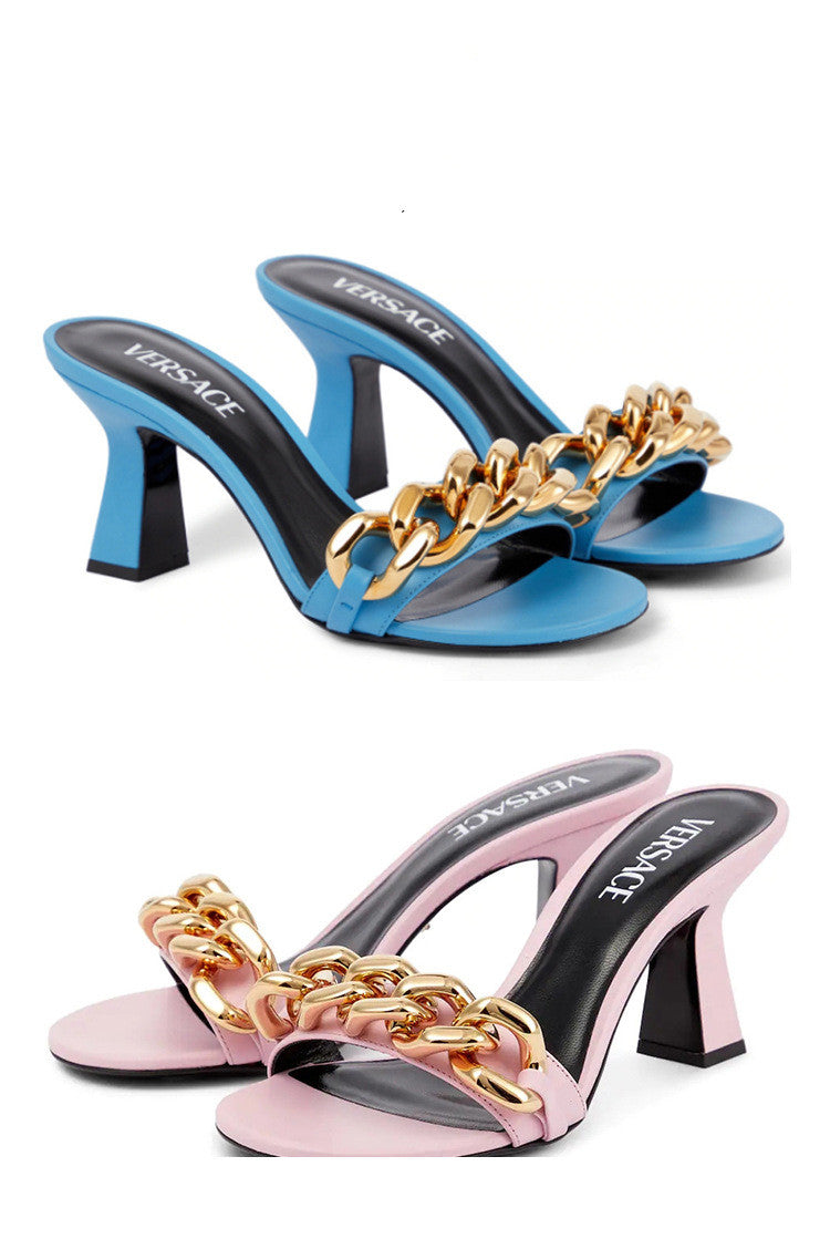 Women's Flat Metal Chain Chunky High Heels Slippers