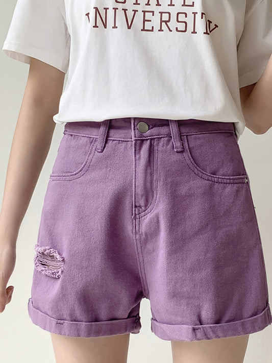 Purple Ripped Denim Shorts Women's High Waist Loose A- Line Wide Leg Pants