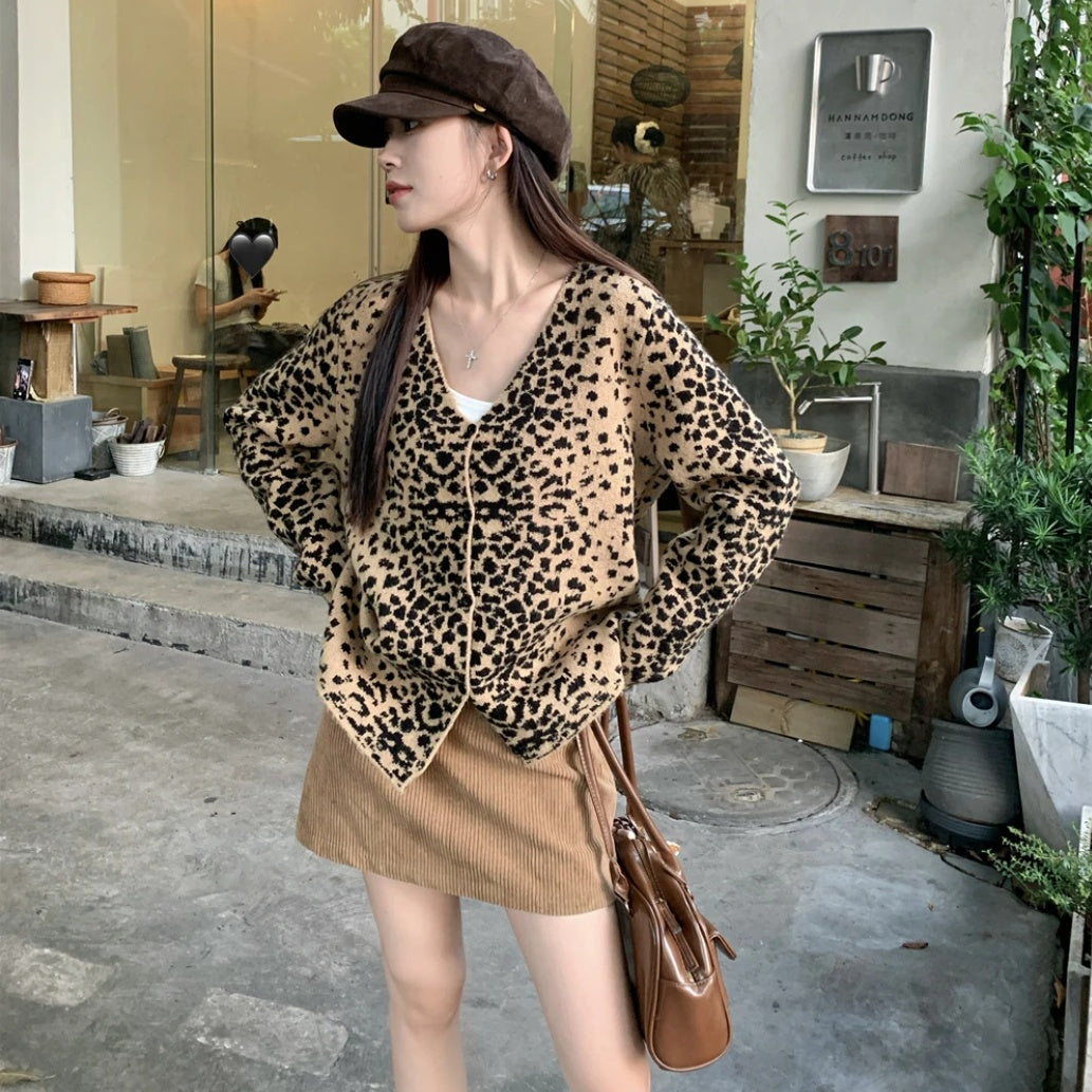 Vintage Leopard Print Knitted Cardigan Women's Casual Loose Sweater Coat