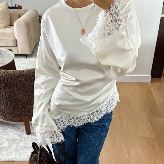 Casual Solid Color Lace Patchwork Top