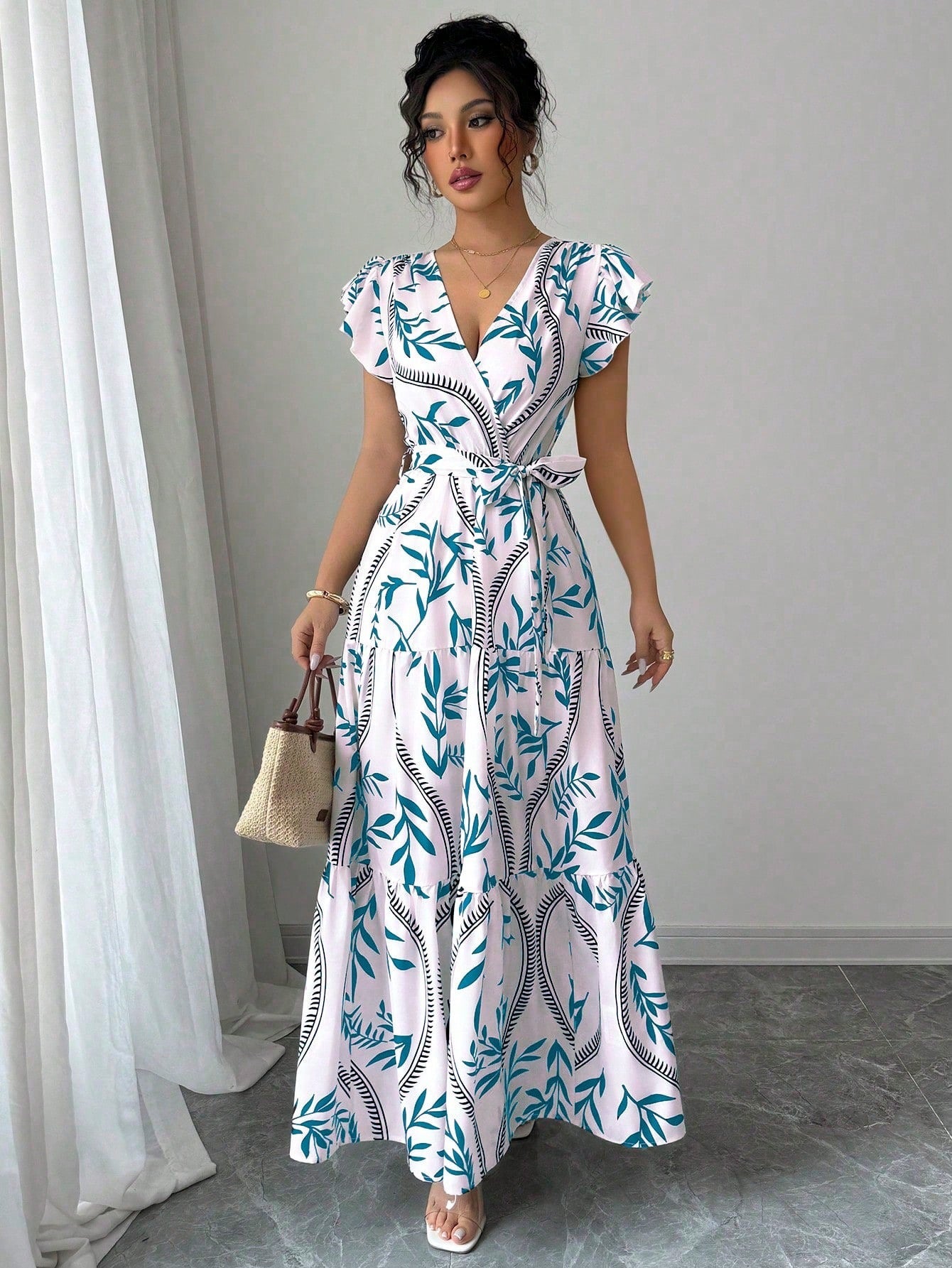 A-line Dress With Lace-up Details And Short Sleeves