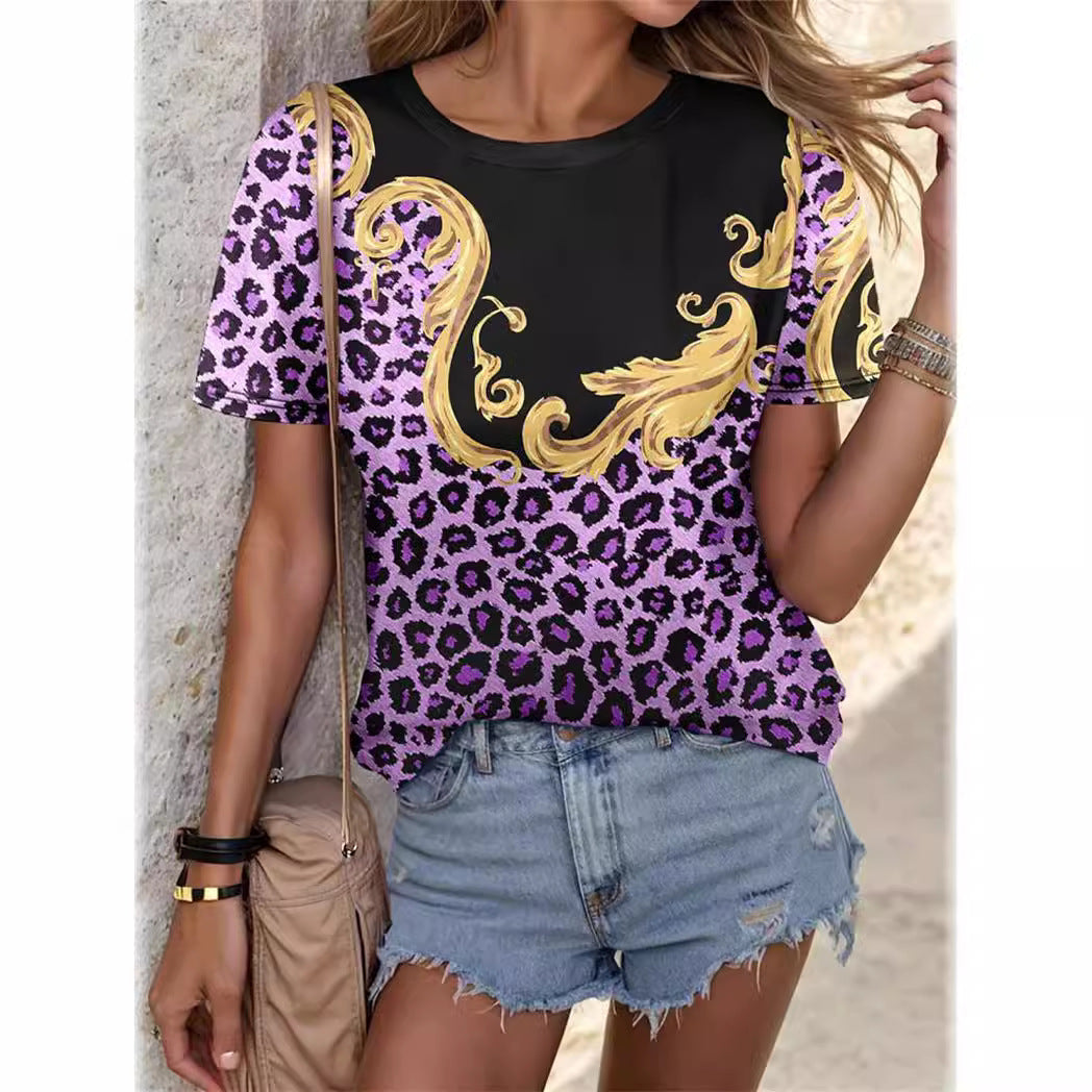 Leopard Print Plus Size Women's 3D Round Neck T-shirt