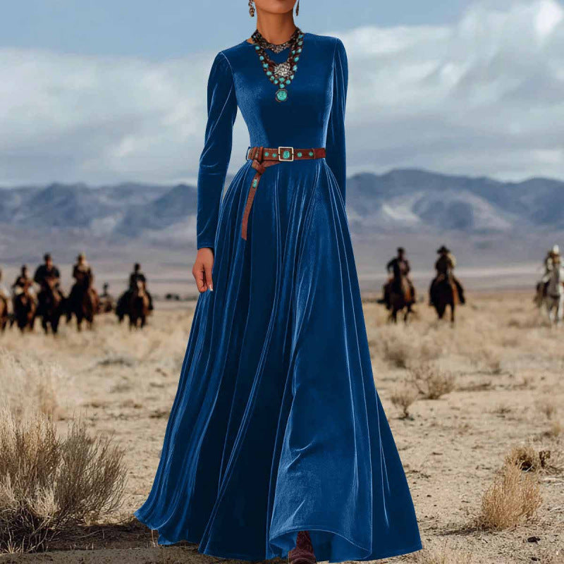 Elegant efterårsvinter langærmet kjole i fløjl med western-stil