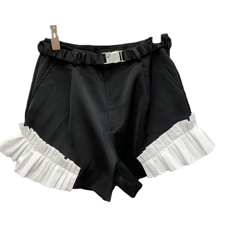 Contrasting Color Stitching Lotus Leaf Lace Was Thin High-waist Suit Shorts
