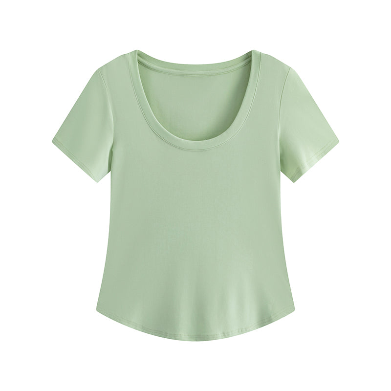 Slightly Chubby Mm Front Shoulder Slim Fit And Slimming Large U-neck Short Sleeved Shirt