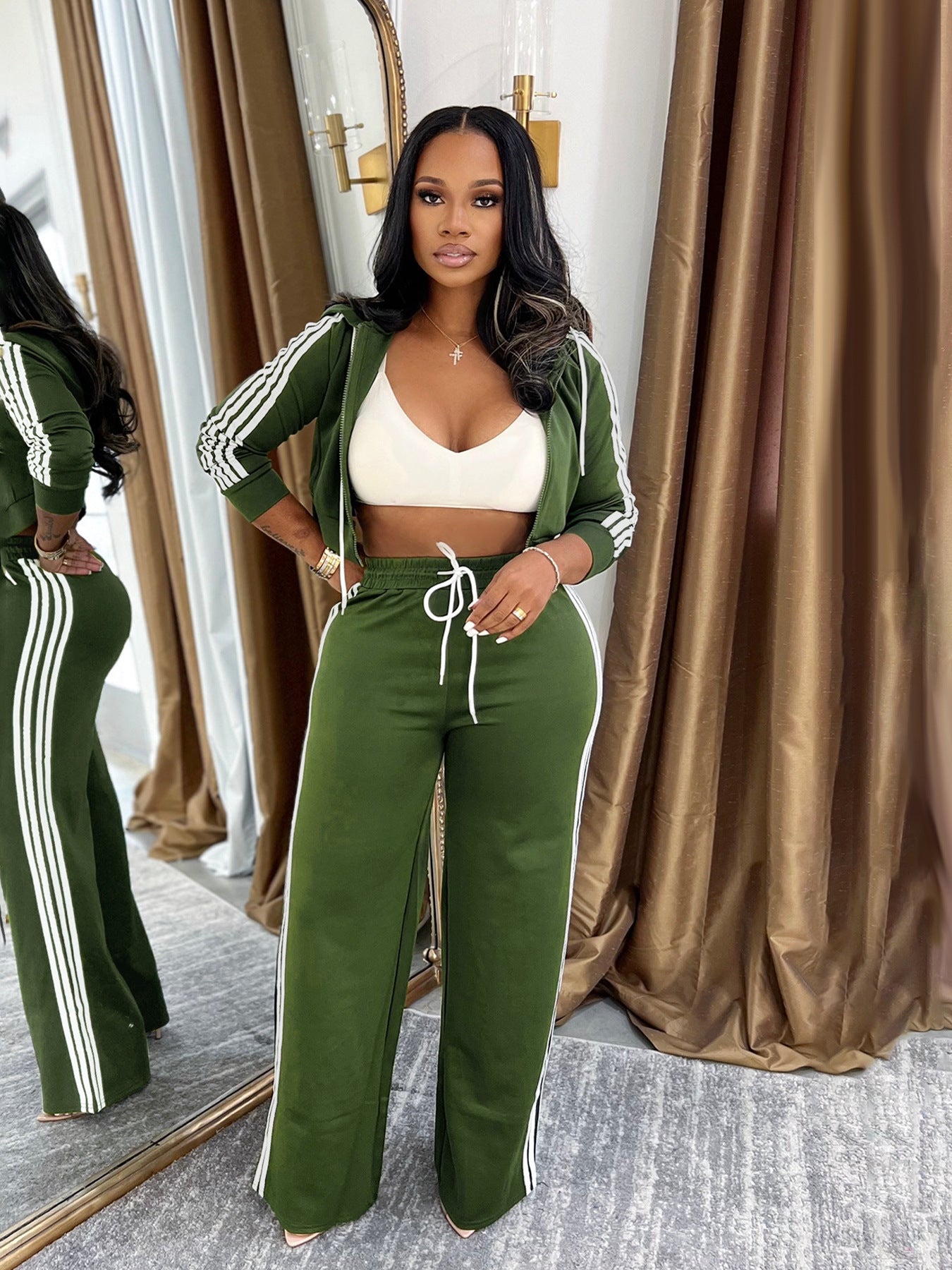 Womens Fashionable Casual Striped Outerwear Set