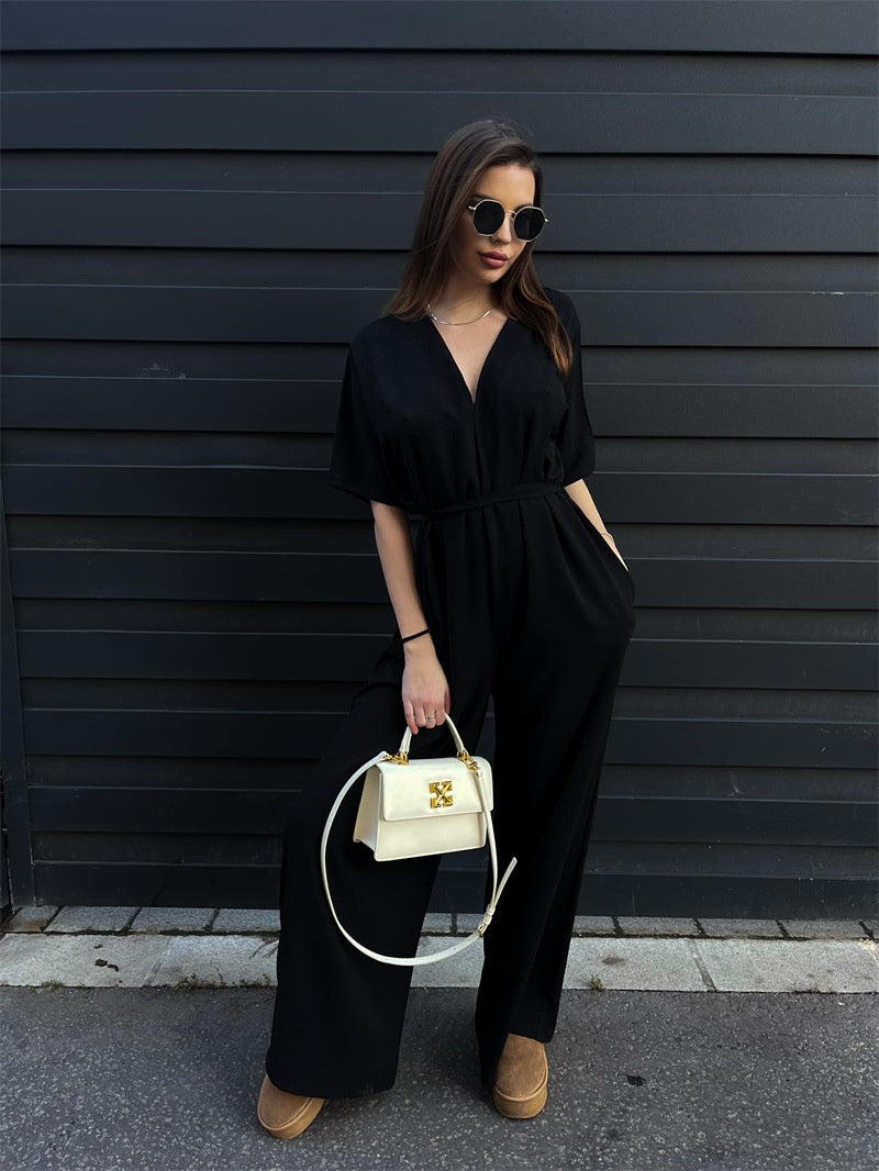 Pure Color Tied Girdle Depth V-neck Casual One-piece Wide-leg Pants