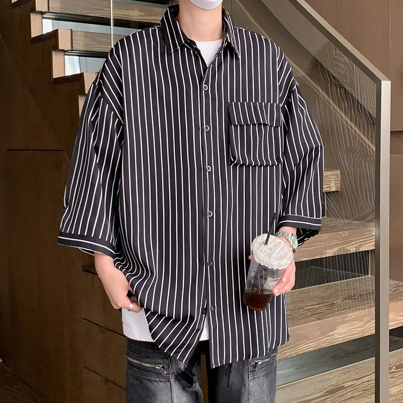 Striped Overalls Short Sleeve Shirt Men's Loose Shirt