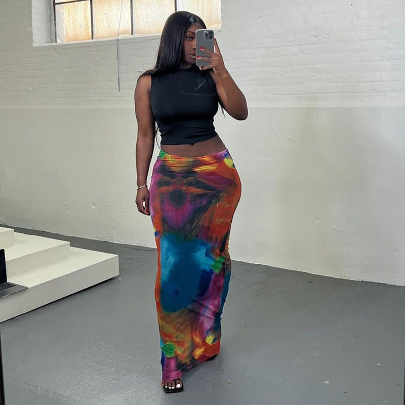 Casual Painted Print Bare Midriff Slim Fit Sheath Long Skirt