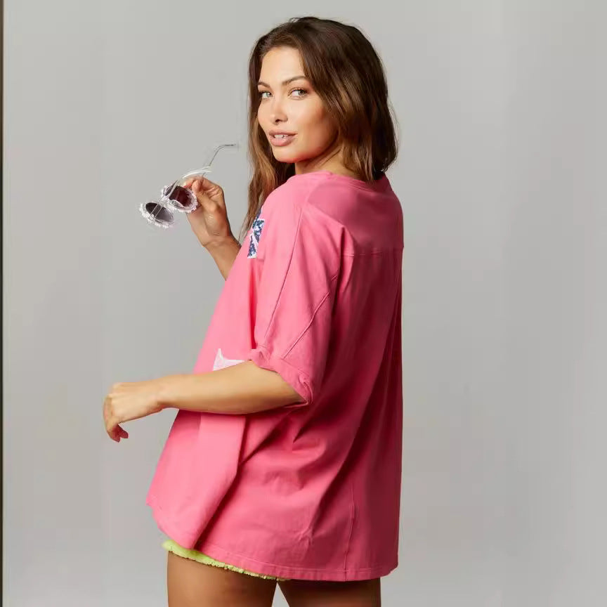Bow Sequined Top Loose Women