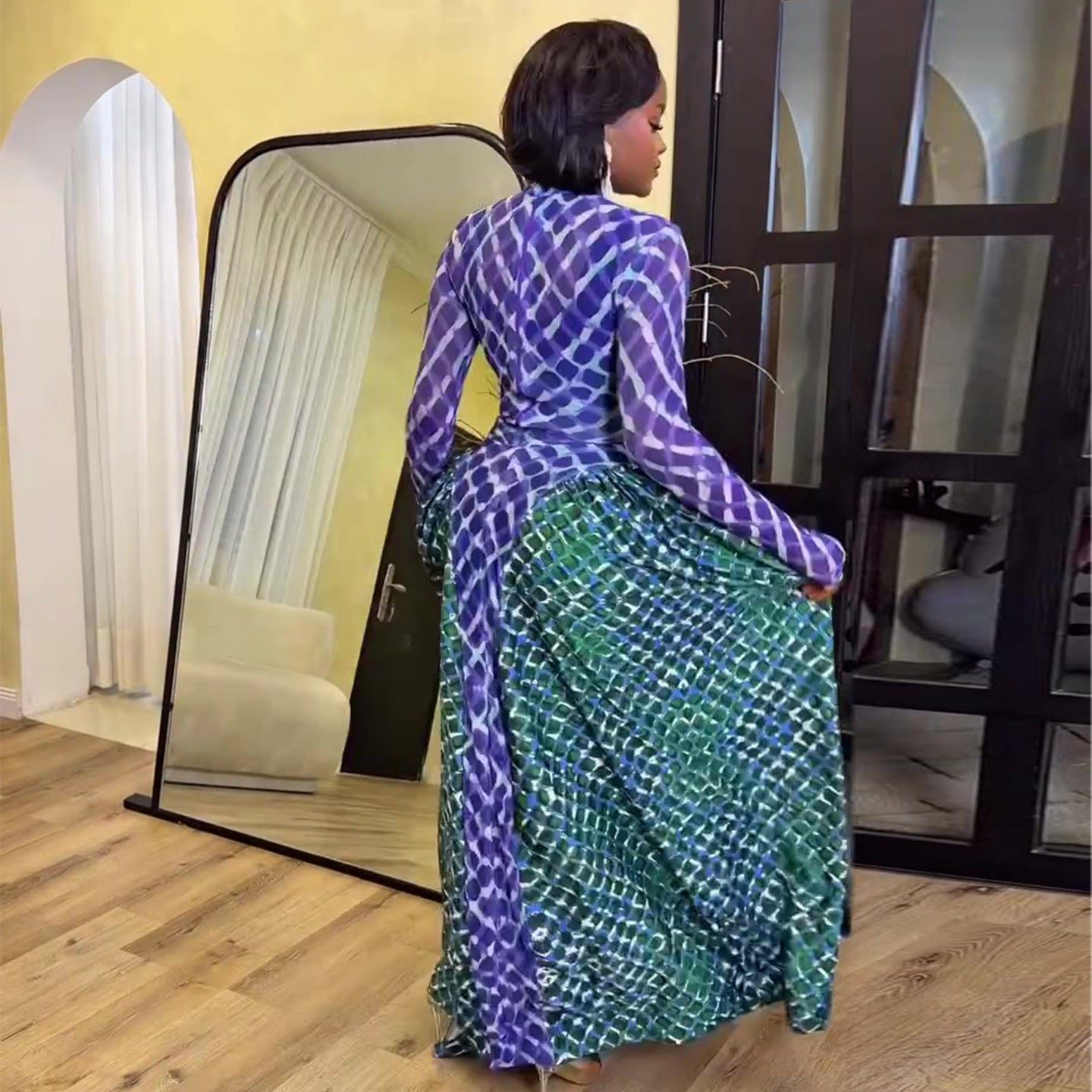 Color-blocked High-neck Figure-flattering Waist-cinching Maxi Dresselegant And Comfortable