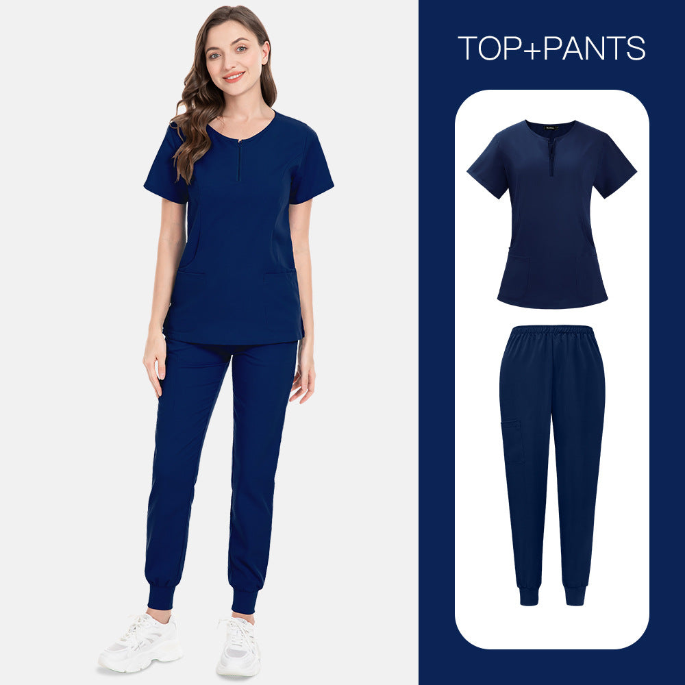 Zip-front Half-zip Collar Scrub Cream Set With Long Pants