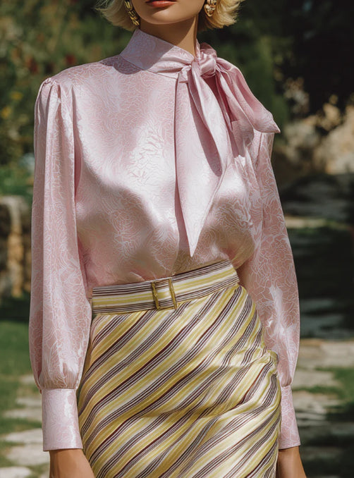 Elegant And Romantic Pink Rose Ribbon Shirt Striped Skirt Satin Set