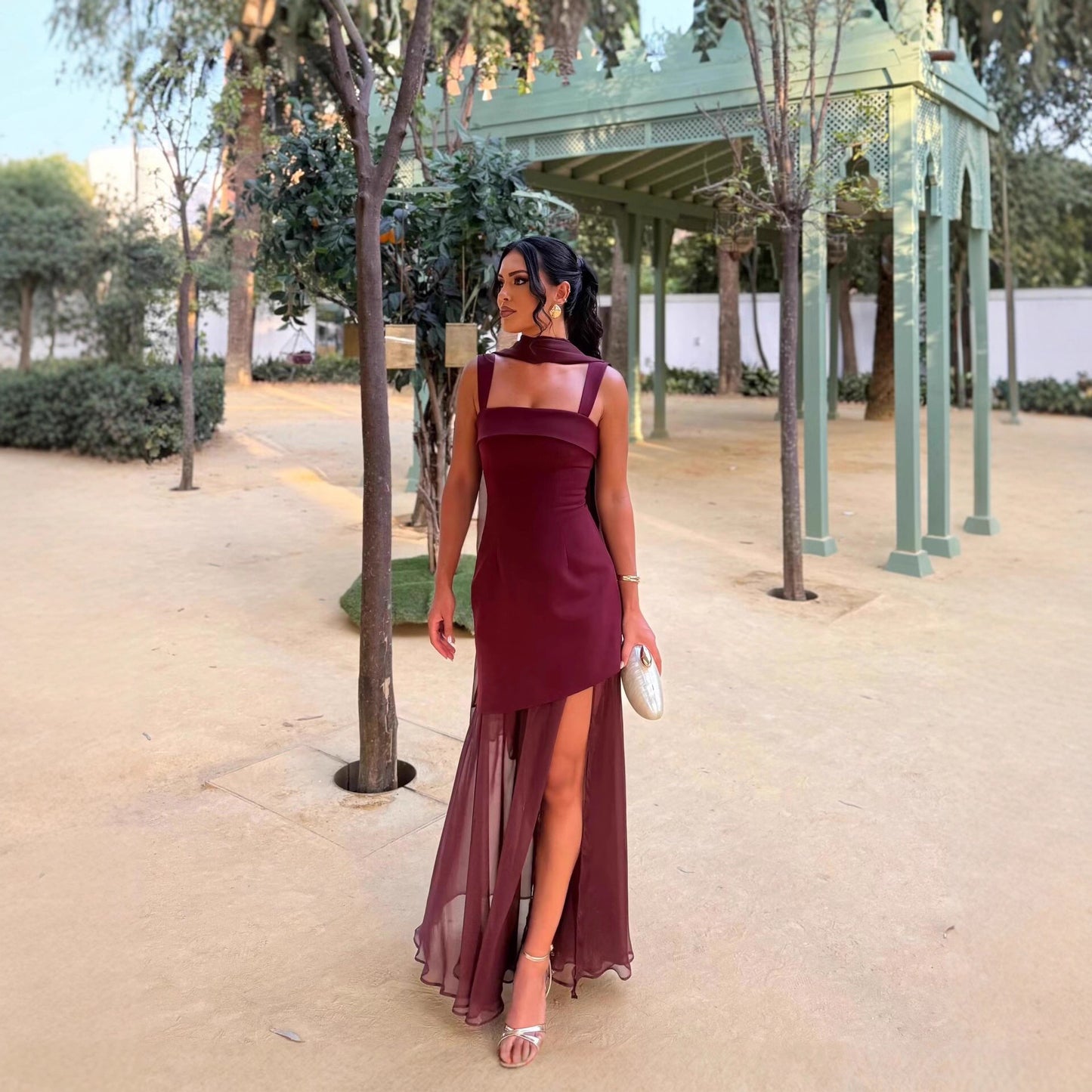 French Romantic Resort-Style Sexy Backless Flowy Strap Detail High-Slit Maxi Dress