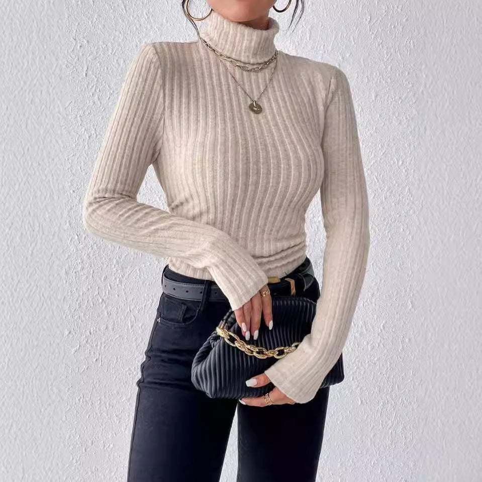 Autumn And Winter V-neck Long Sleeve Brushed Sunken Stripe Knitted Top