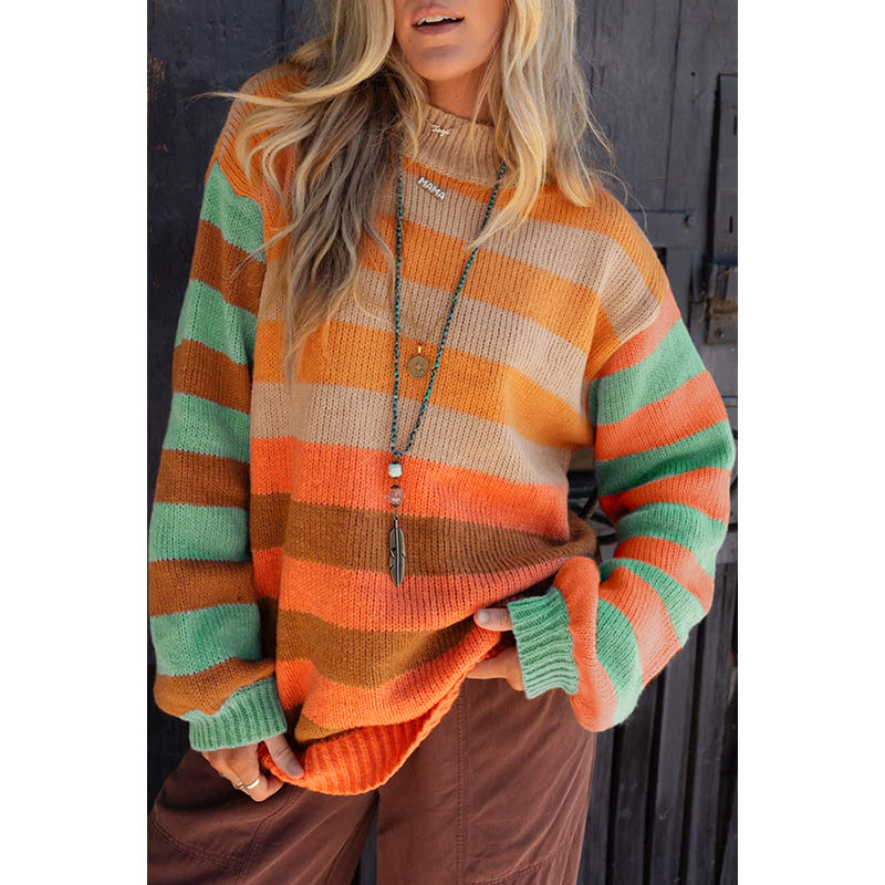 Women's Creative Striped Pullover Round Neck Long Sleeves Sweater