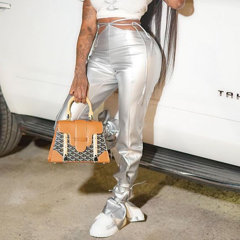 European And American High Waist Fashion Elastic Pants PU Silver Leather Pants Lace-up Ankle-tied Women's Trousers