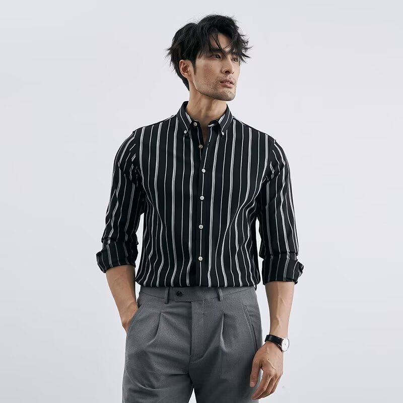 Men's Loose-Fit Casual Striped Long-Sleeve Shirt