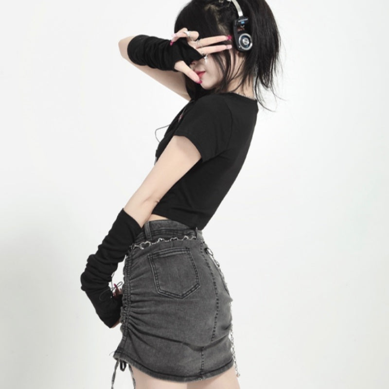 Black Short T-shirt Female Summer Hollow Out Midriff-baring Short Sleeve
