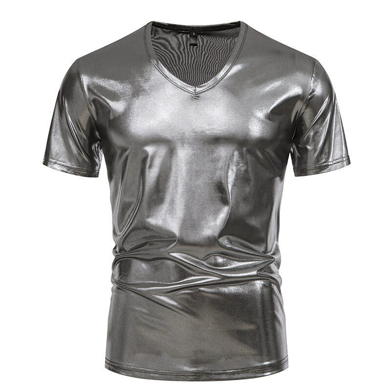 Summer Men's Glossy Bronzing T-shirt Male V-neck