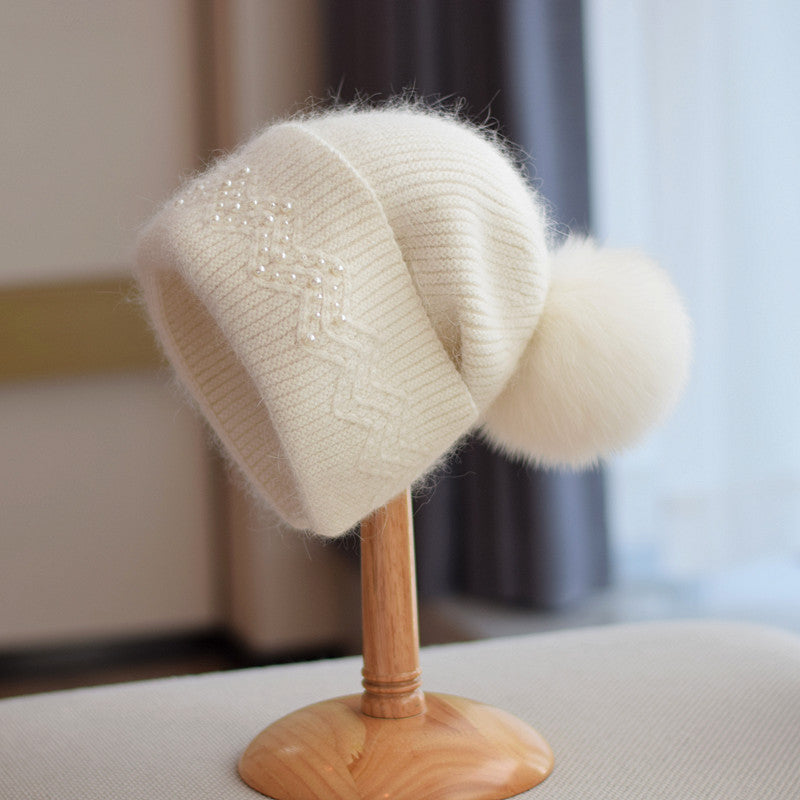 Fox Fur Ball Knitted Hat Children