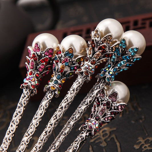 Vintage Bronze Hairpin With Rhinestones And Pearls