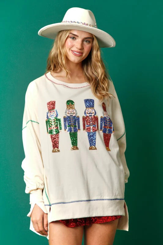 Women's Christmas Sequined Padded Top Long-sleeved Sweater