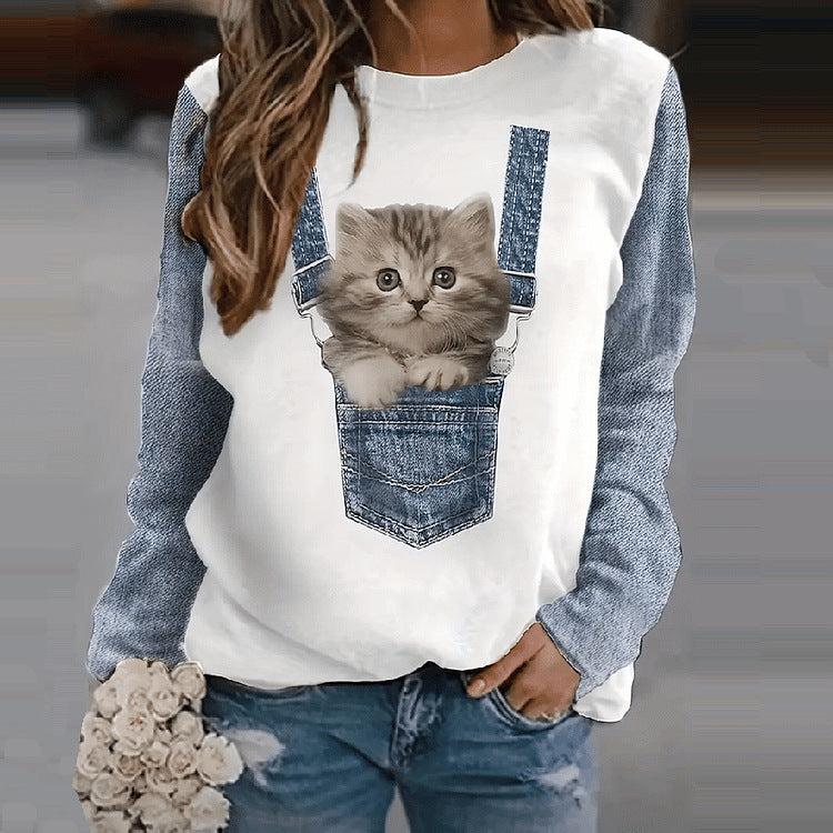 Løs Kat 3D Digital Print Langærmet Rundhals Sweater Dame