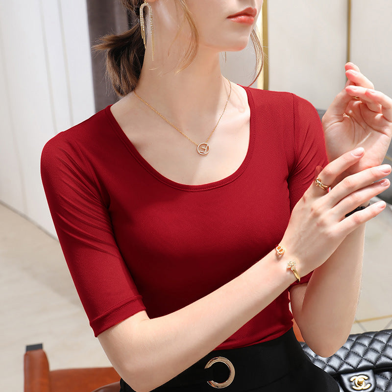 Elegant Langærmet Mesh T-shirt til Kvinder Ensfarvet Taljestretch Top