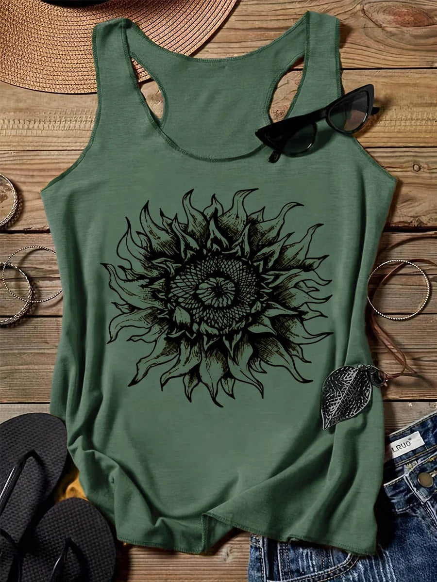 202 Casual Round Neck Narrow Edge Top Loose Sports Pattern Digital Printing Vest Women's Clothing