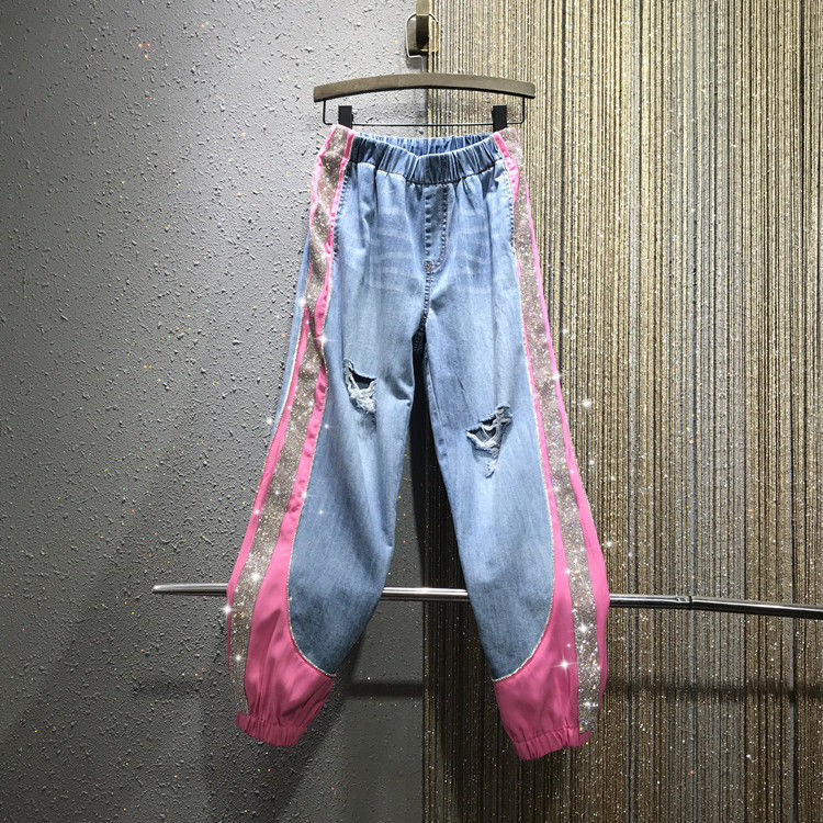 Hot Rhinestone Colorblock Elastic Waist Loose Large Size Thin Harlan Jeans