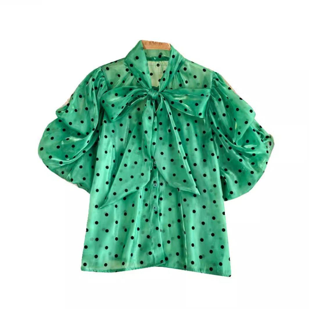 French Style Retro Dots Shirt Female Sweet Bow Collar
