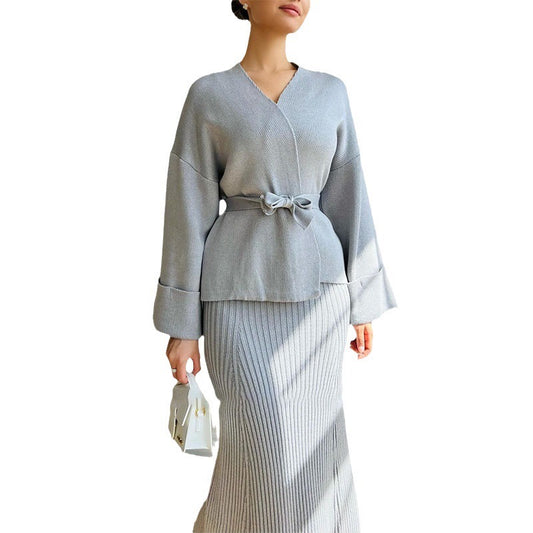 V-neck Tie-front Wide-sleeve High-waisted Skirt Set With An Elegant Vibe