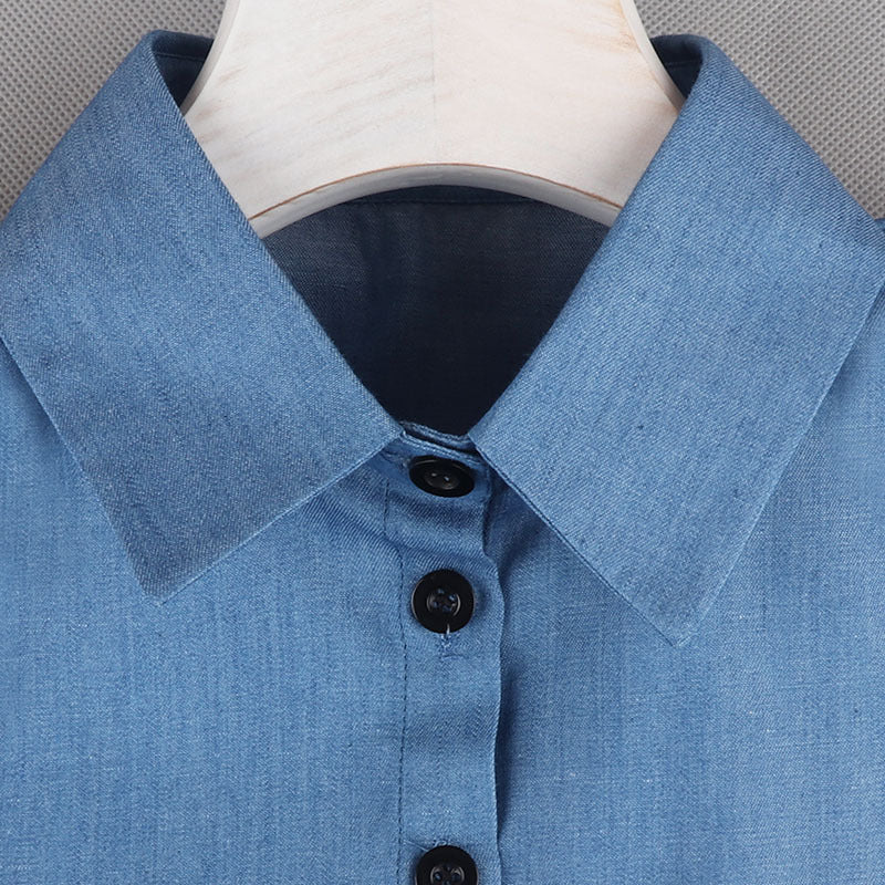 Koreansk stil efterår og vinter damebluse med løs krave, all-match firkantet krave retro denim