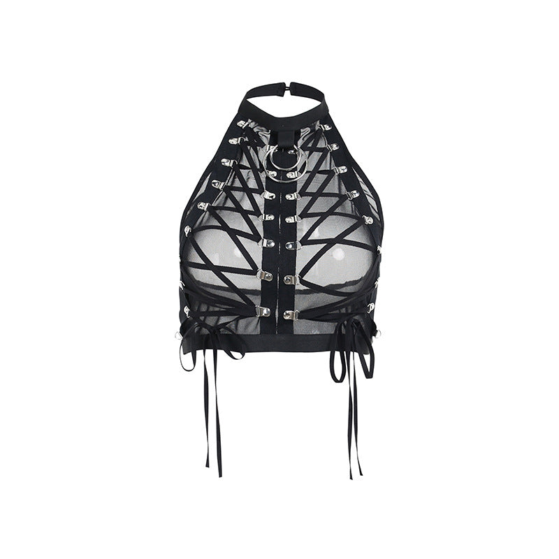 Women's Summer Dark Style New Bandage Mesh See-through Vest