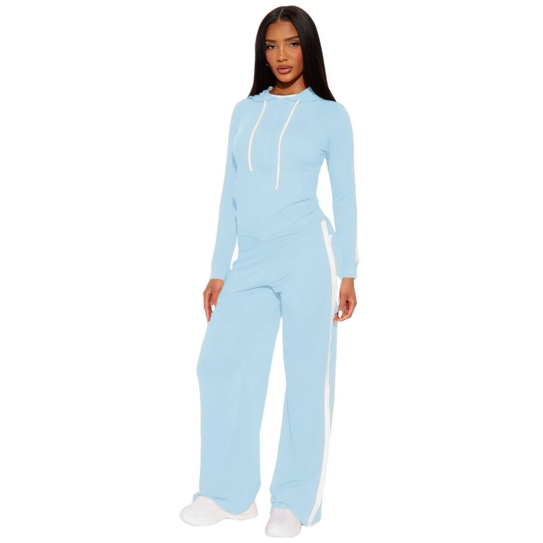 Stylish Color-Block Patchwork Two-Piece Set With A Hooded Top