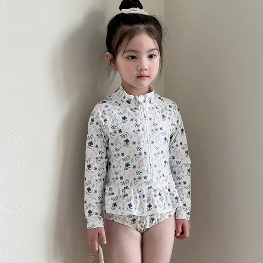 Girls' Long-sleeved Floral One-piece Swimsuit