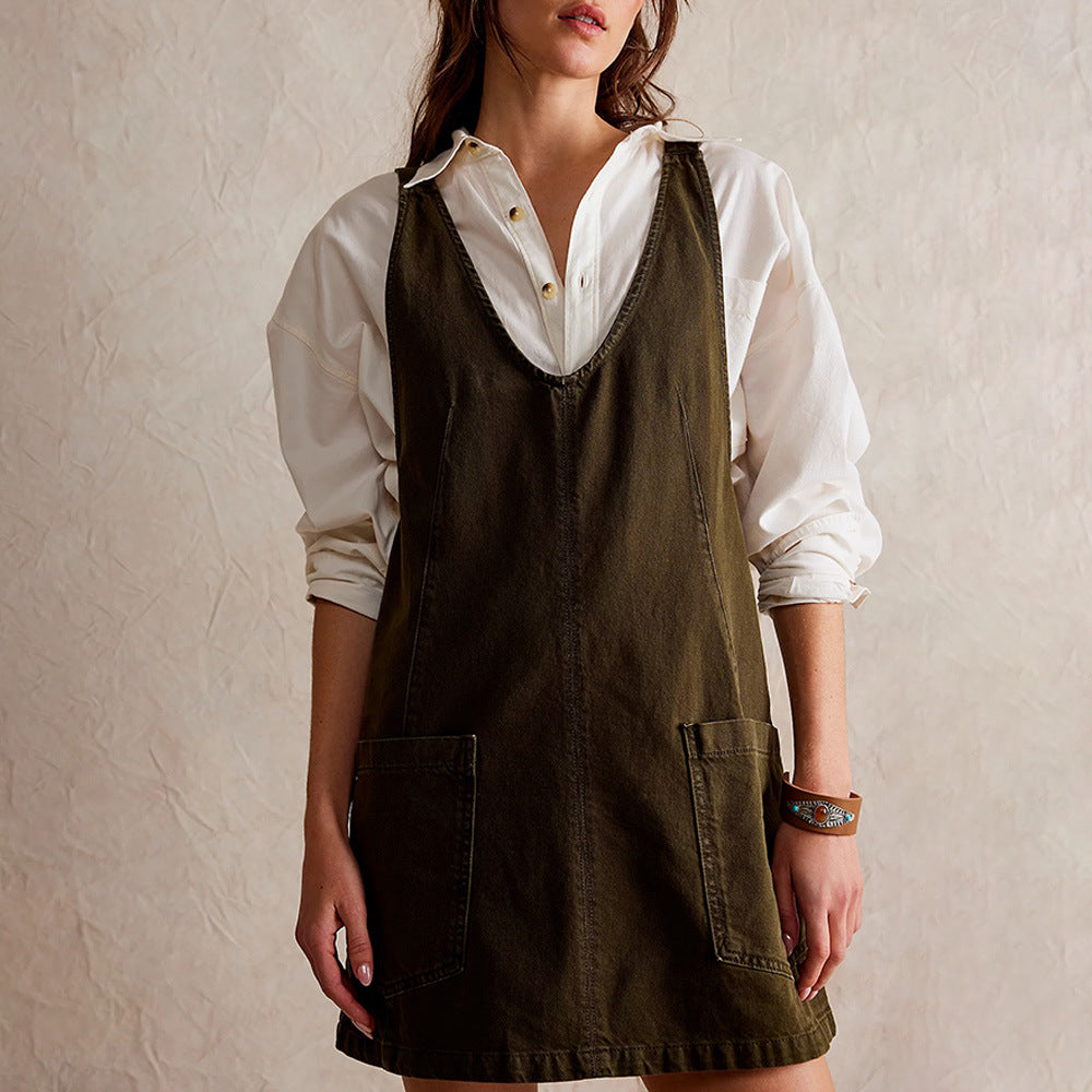Denim Suspender Pocket Adjustable Mini Dress In Multiple Colors