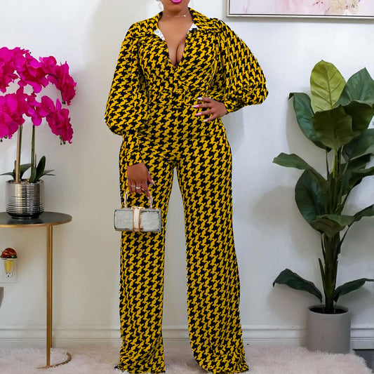 Løs Jumpsuit med V-udskæring, Lige Ben og Høj Talje
