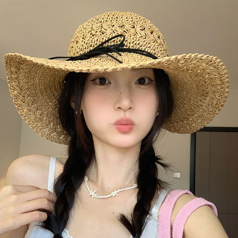 Straw Bow Chain Strap Straw Hat Female Hollow Crocheted