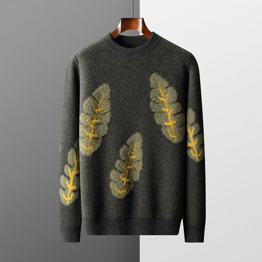 Uldsweater Rund Hals Løs Kontrastfarvet Jacquard til Mænd