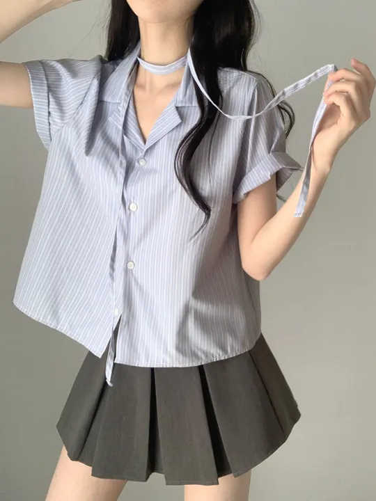 Short-sleeved Shirt Loose Women's Short Striped Shirt