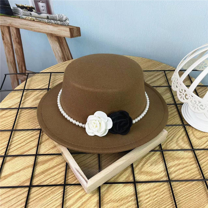Vintage Hattedame Perlekæde Blomster Uld Flad Hat