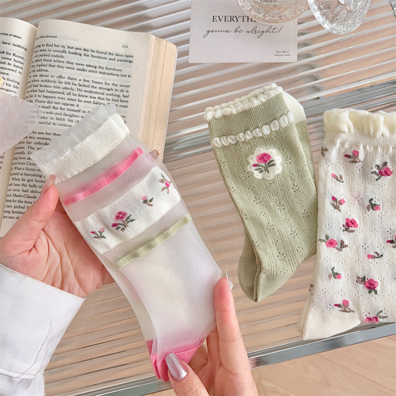 Green Powder Small Floral Glass Silk Pile Women's Socks
