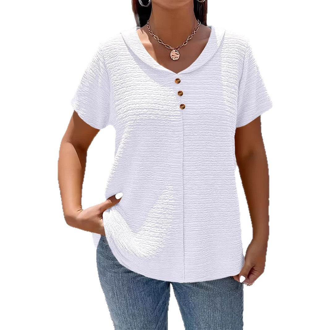 Pleated Fabric Solid-color Faux-button Doll-collar Top T-shirt