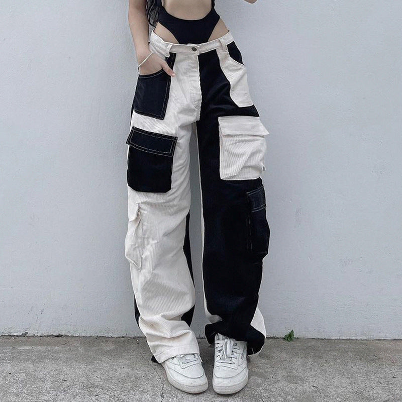 Multi Pocket Contrast Stitching Elements Low Waisted Corduroy Pants