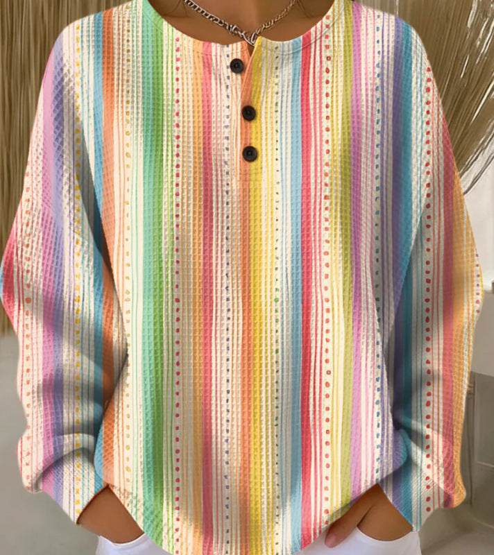 Retro 3D Digital-Print Three-Button Stand-Up Collar Sweater